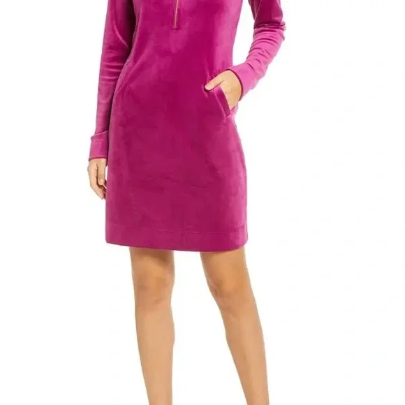 Lilly Pulitzer Skipper Ruffle Dress Magenta Pink Velour Pocket Fall Winter Party - Picture 3 of 9